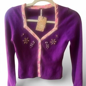 Free People Purple Embellished V-Neck Cardigan with Pink Trim
